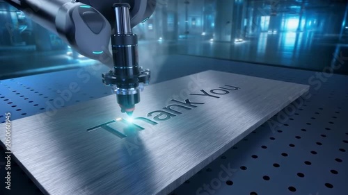 Robotic laser engraving thank you message on metal surface in futuristic factory