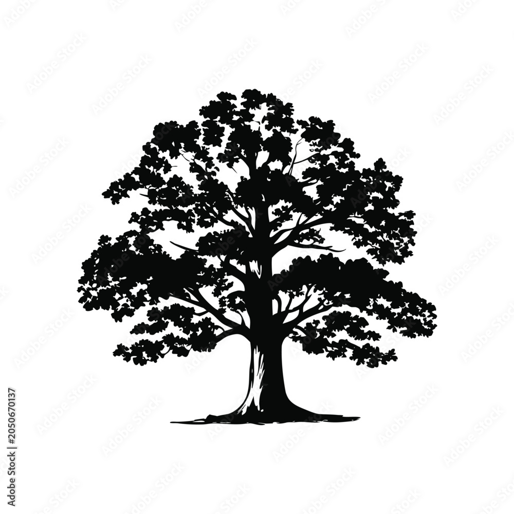 Fototapeta premium Black and white vintage hand drawn tree silhouette illustration vector art