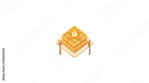 Konstfotografi Isometric Waffle Breakfast with Butter and Cutlery
