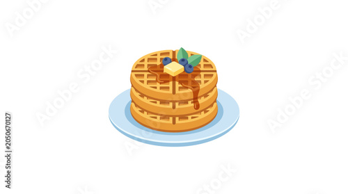 Foto Isometric Vector Illustration of Stacked Waffles with Syrup and Blueberries