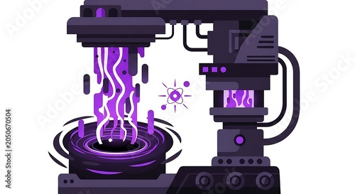 Sci-fi complex device with purple fluid, swirling platform, atomic symbols, and mechanical body showing energy reaction.