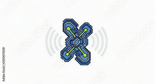 Futuristic blue cross mechanism with yellow connectors and energy signal waves, isolated on white.