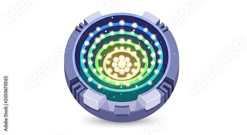 Futuristic circular tech device with glowing concentric rings and metallic purple-gray shell, sci-fi equipment.
