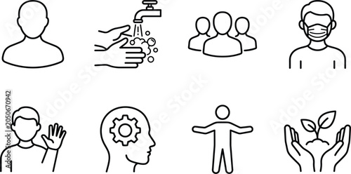 Hygiene and healthcare line icon set with hand washing medical mask group avatar gear head plant hands