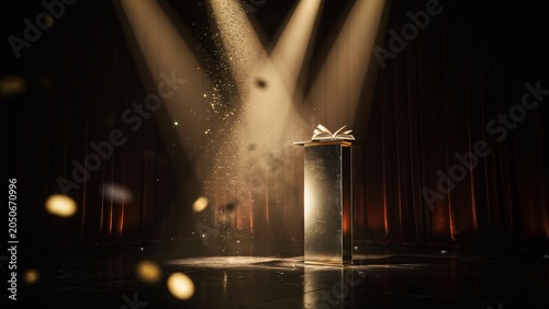 Photos Golden pedestal with open book under spotlight with falling glitter podium