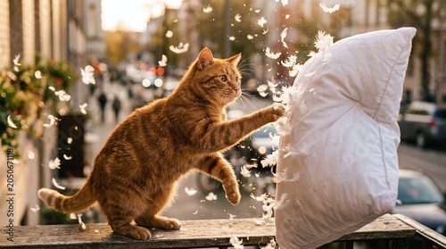 Playful ginger cat batting at a white pillow with flying feathers