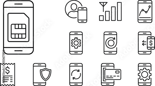 Quadro su tela Smartphone and mobile technology line icon set with sim card signal bars setting