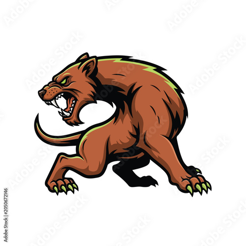 A cartoon-style illustration of a snarling, brown panther with green accents on a white background.