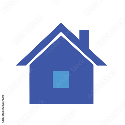 Minimalist blue house icon with a square window and chimney.