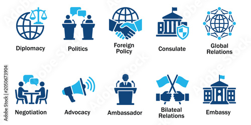 Quadro su tela Diplomacy international relations solid icons and foreign policy glyph elements