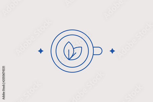 Top view of round ceramic mug with tea leaves sign line icon for healthy matcha drink recipe database menus. Practical vector illustration for organic nutrition portals, cafe tracking platforms.