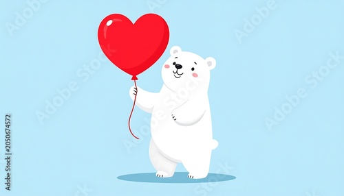 An adorable cartoon polar bear holds a red heart-shaped balloon against a light-blue background. The bear is smiling sweetly