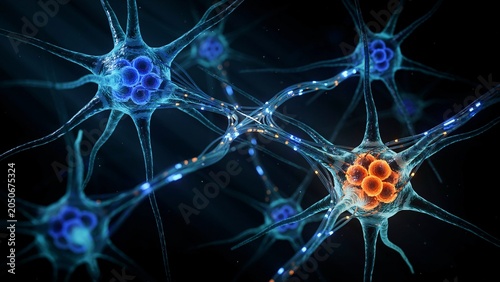 Microscopic view of neurons with bright blue and orange clusters within cell bodies, dark background
