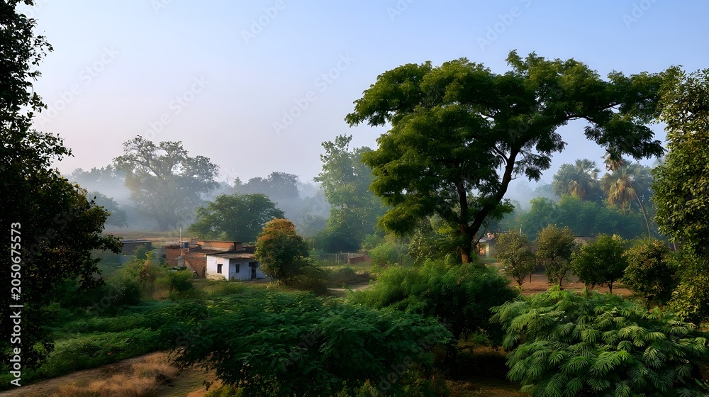 Fototapeta premium A serene rural village scene is captured under soft morning light enveloped in a gentle mist and lush greenery