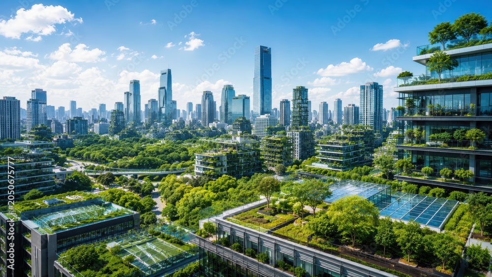 Obraz premium A modern city skyline with numerous high-rise buildings surrounded by abundant greenery, rooftop gardens, and a bright blue sky with scattered clouds.