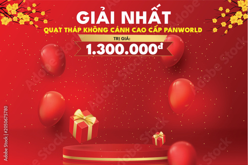 Lucky Draw Grand Prize Banner with Gift Box, Balloons and Red Celebration Background