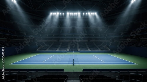 Empty tennis court in a large modern stadium illuminated by bright night lighting