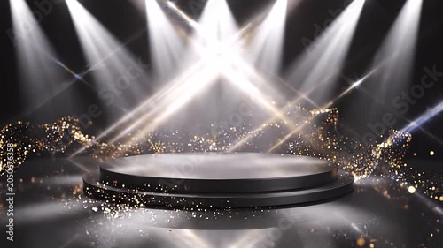 Dramatic stage, empty black podium, spotlight background, gold confetti