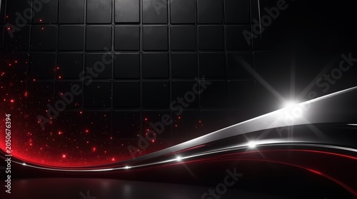 Abstract dark background with glowing red light waves and square grid patterns for modern luxury digital technology design