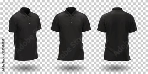 Black Polo Shirt Mockup Template Front Back and Perspective View Isolated