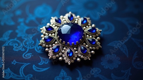 Beautiful vintage silver brooch with large blue gemstone surrounded by small sapphires on a dark textured blue background
