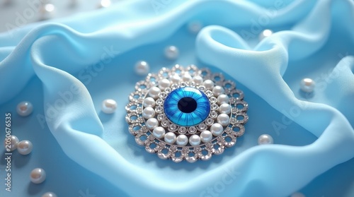 Blue evil eye amulet charm surrounded by shiny silver beads and pearls resting on soft wavy light blue fabric background