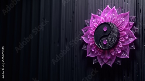 Purple lotus flower mandala with a black and white yin yang symbol centered on a dark textured wooden board background