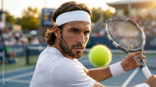 Professional tennis athlete tracking incoming ball with intense concentration while preparing powerful shot on outdoor court, dynamic sports action scene highlighting skill, endurance and fitness