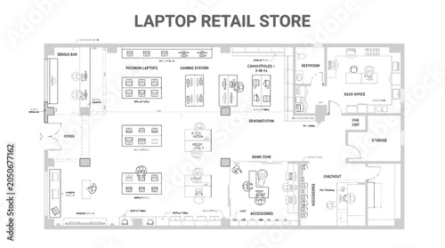 Fotografi Blueprint floor plan of a modern laptop retail store layout with designated zone