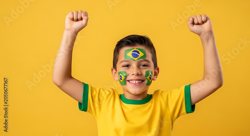 Happy young boy fan cheering for brazil with face paint and yellow jersey