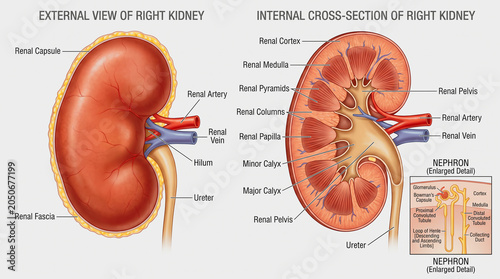Anatomy of human kidney showing external view and internal cross section