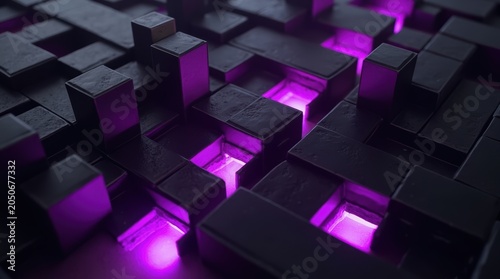Abstract dark cubes with glowing purple lights in a modern 3d geometric pattern structure background
