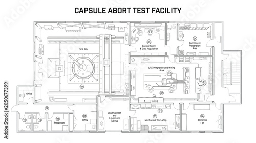 Foto Blueprint of a Capsule Abort Test Facility with Labeled Sections and Equipment v
