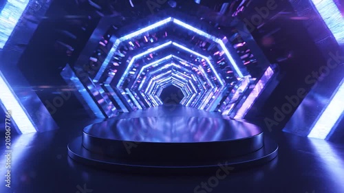 Futuristic neon tunnel, blue purple corridor, glowing lights, sci-fi background