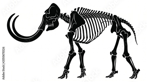 Extinct prehistoric mammoth skeleton fossil silhouette illustration isolated on white background depicting ancient mammal anatomy and giant tusks