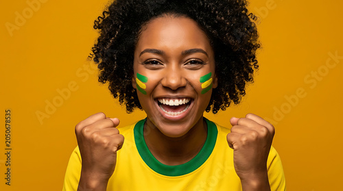 Excited brazilian soccer fan woman with face paint cheering and celebrating victory