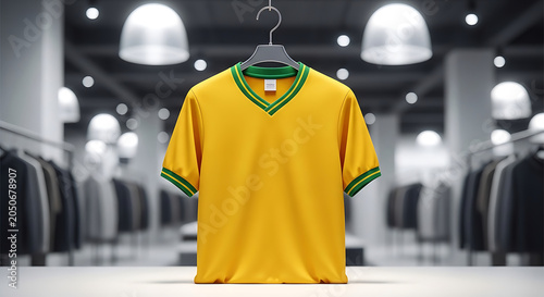 Yellow vneck tshirt with green trim hanging on a hanger in a clothing store