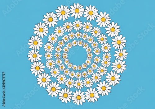 A circular mandala arrangement of multiple white daisy flowers on a solid light blue background