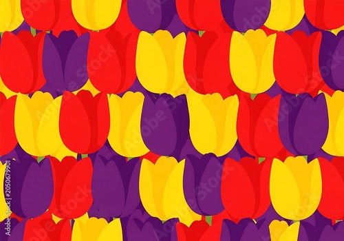 A vibrant and repetitive pattern of stylized tulip flowers in shades of yellow red and purple