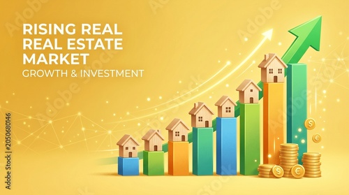 Stylized upward arrow with houses on ascending bars, labeled growth, investment, profit, success, symbolizing rising property values, housing market trends, and real estate prosperity across years.