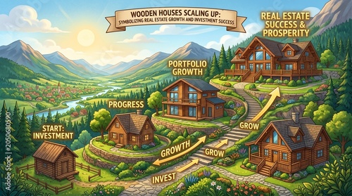   
Hand-drawn mountain valley path with wooden houses scaling upward, symbolizing stages of investment growth from start to prosperity, highlighting progress, portfolio expansion, and real estate succ