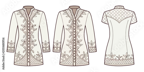 Fashion sketch design of indonesian kebaya blouse for women with clothing indonesian traditional template illustration cultural creative industry production silhouette embroidered wearable