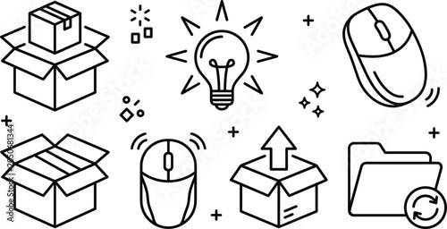 Quadro su tela E commerce business line icon set with delivery box lightbulb computer mouse and