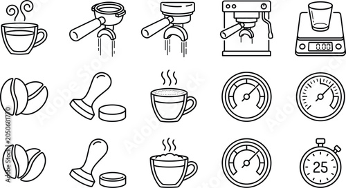 Cuadro en lienzo Espresso coffee maker brewing equipment and barista tools line icons set with po