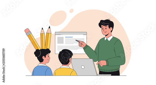 Teacher instructs students in a modern classroom with digital presentation and learning tools