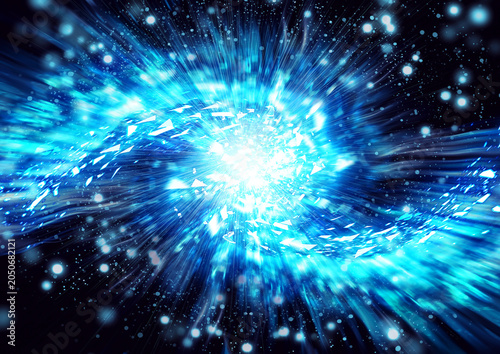 青い光が炸裂する未来的なエネルギー爆発背景｜デジタルテクノロジーと宇宙空間の抽象イメージ