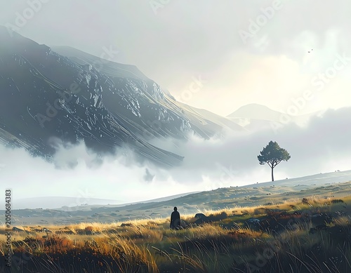 Landscape with tree on rolling hills.