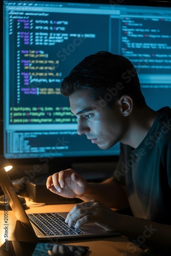 Young Programmer Working on Laptop in Dark Room with Code on Screen