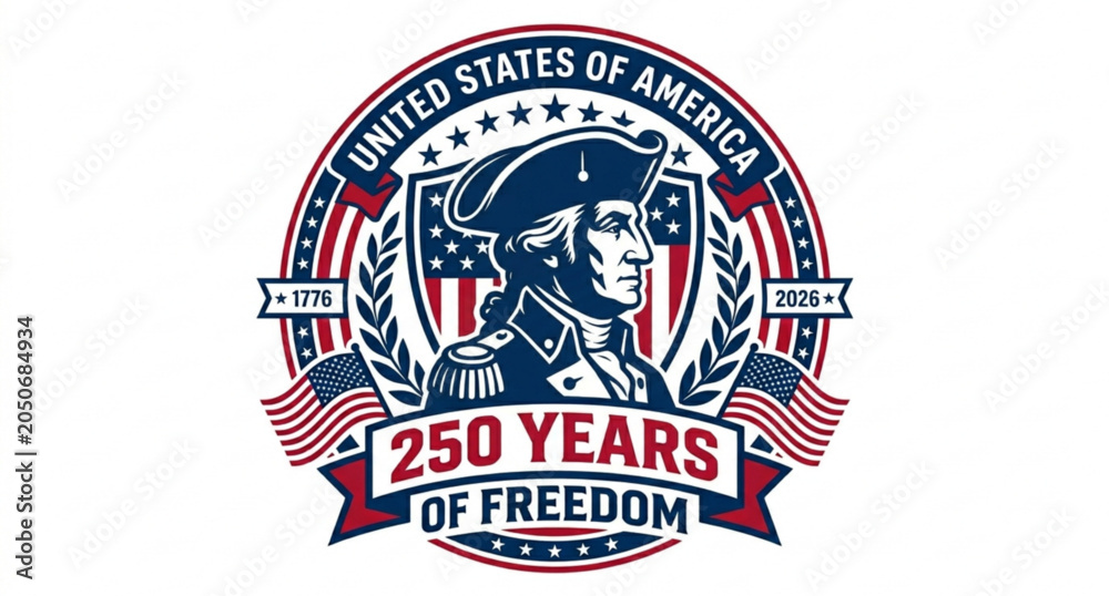 Fototapeta premium american flag stamp Vintage American 250 Years of Freedom Logo Featuring George Washington Portrait and Patriotic Elements