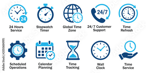 Foto Time management solid icons and 24/7 customer support glyph elements